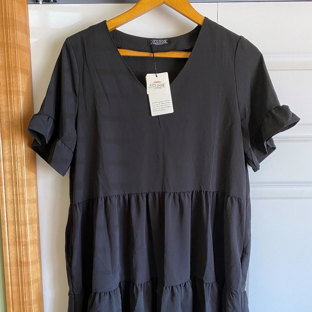 NCLOOK Summer Casual Ruffle Dress With Pocket and Ruffle Sleeves M Black